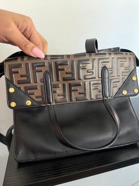 Fendi Black Leather Tote with Brown Embossed FF Panel